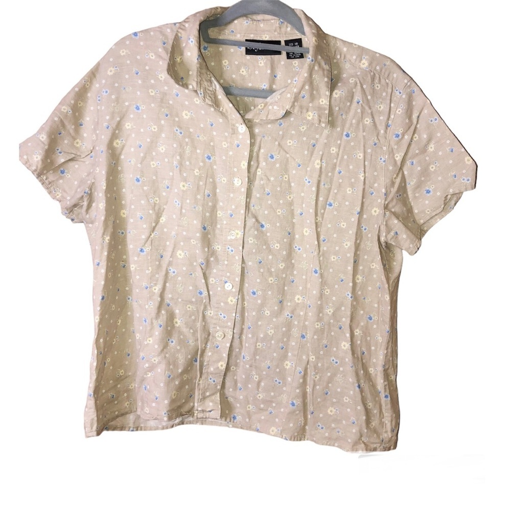 Style‎ & Co Floral Linen Button Front Cropped Shirt Tan Blue Size 18
